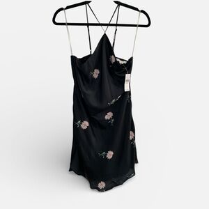 American Eagle Floral Satin Mini Dress Black Tie-Back | Size Large | NWT